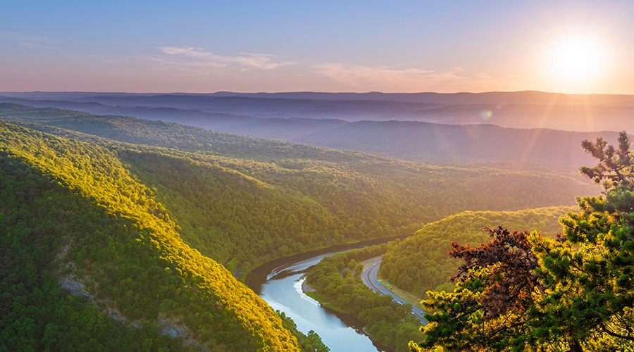 A river running through hills.