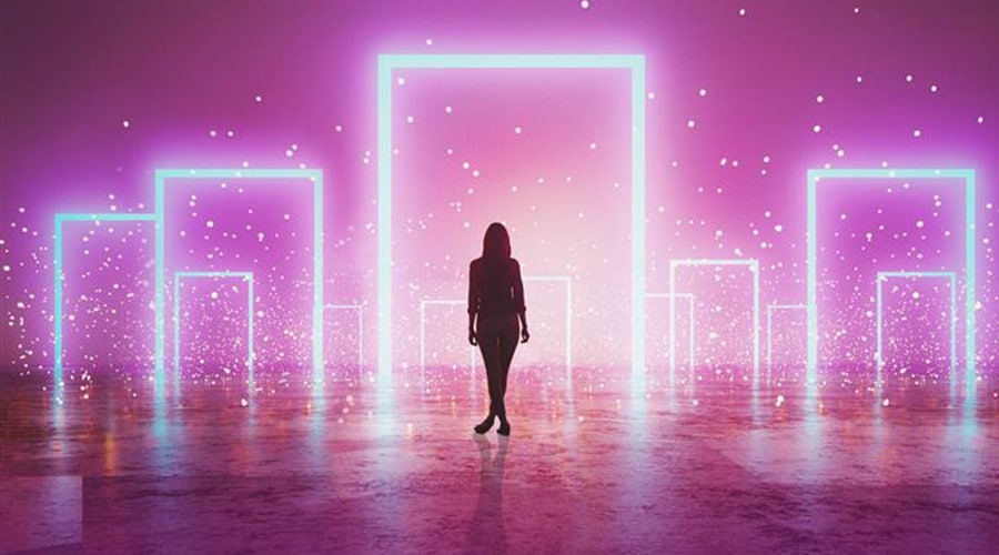 A illustration of a women standing in front of a abstract background.