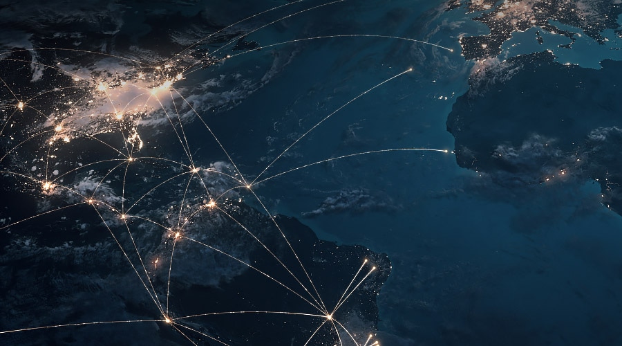 Flight paths across the continents.