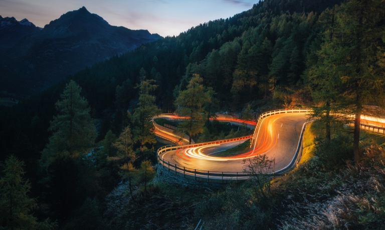 Long exposure car lights on road