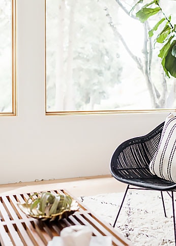 Plants, table, and chair in a minimalist living room.