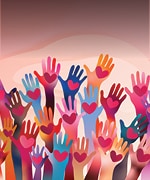 Illustration of many hands holding hearts