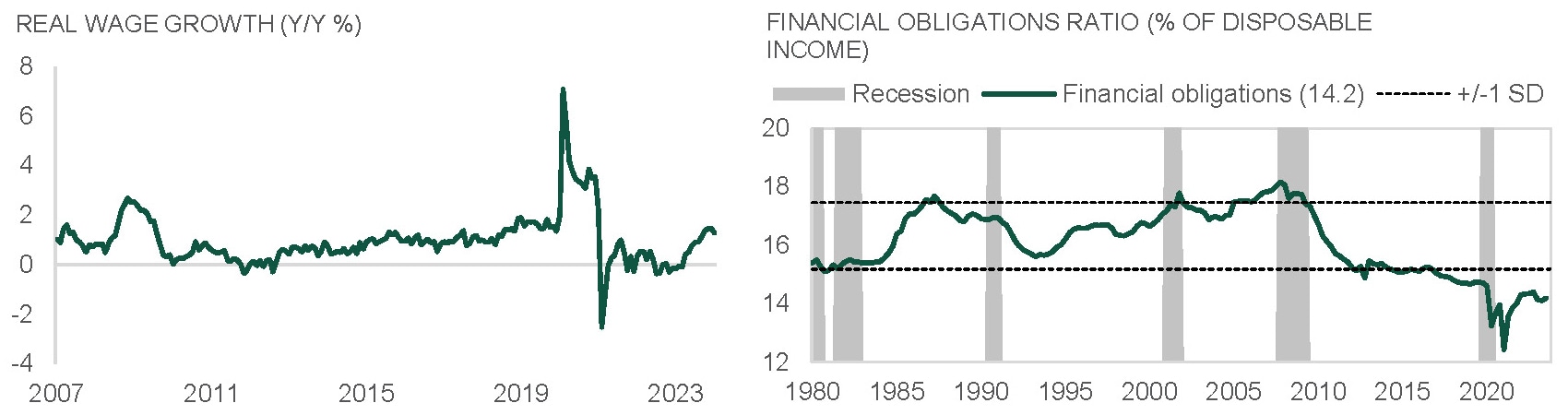 real wage growth % and financial obligations ratio