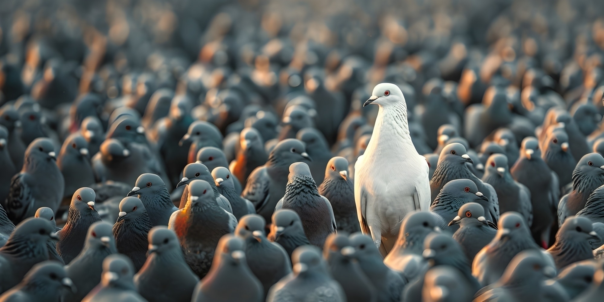 white dove stands above gray doves