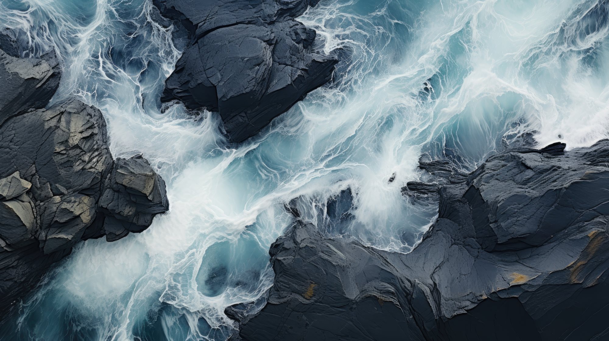 Rough waters between black rocks